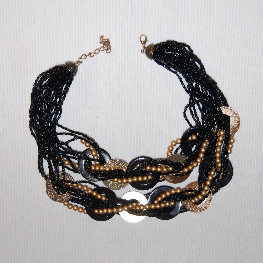 Black & Gold Statement Necklace W/Gold Discs 2 Strands  10" Long